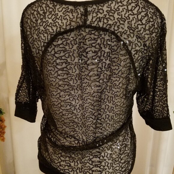 Black shear sequin short sleeve front pocket L - Picture 5 of 6